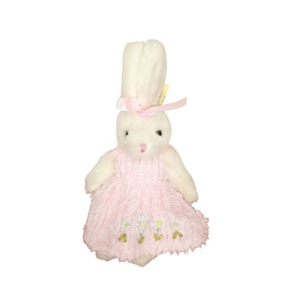 White Plush Bunny In Pink Dress With Floral Embroidery By Unipak Designs Corp 10 - Picture 1 of 6